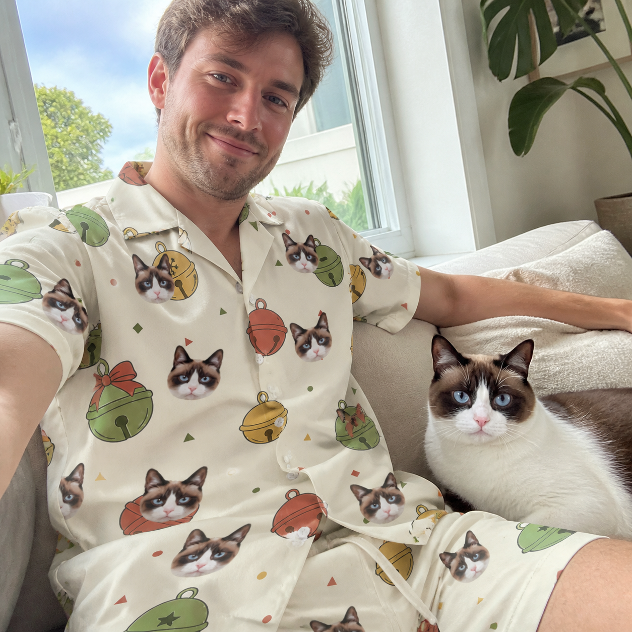 Selfie with the pet whose face is printed all over this Men's Chime Charms Custom Cat Face Shirt & Shorts Set