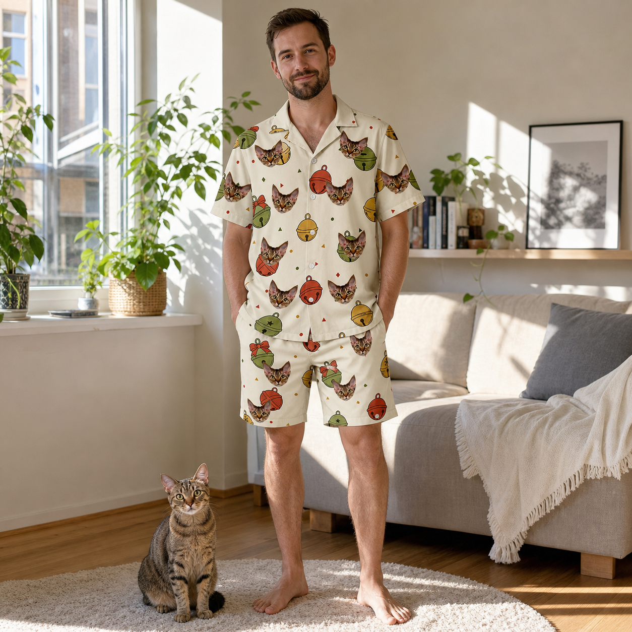 Full-length photo with the pet printed all over this Men's Chime Charms Custom Cat Face Shirt & Shorts Set
