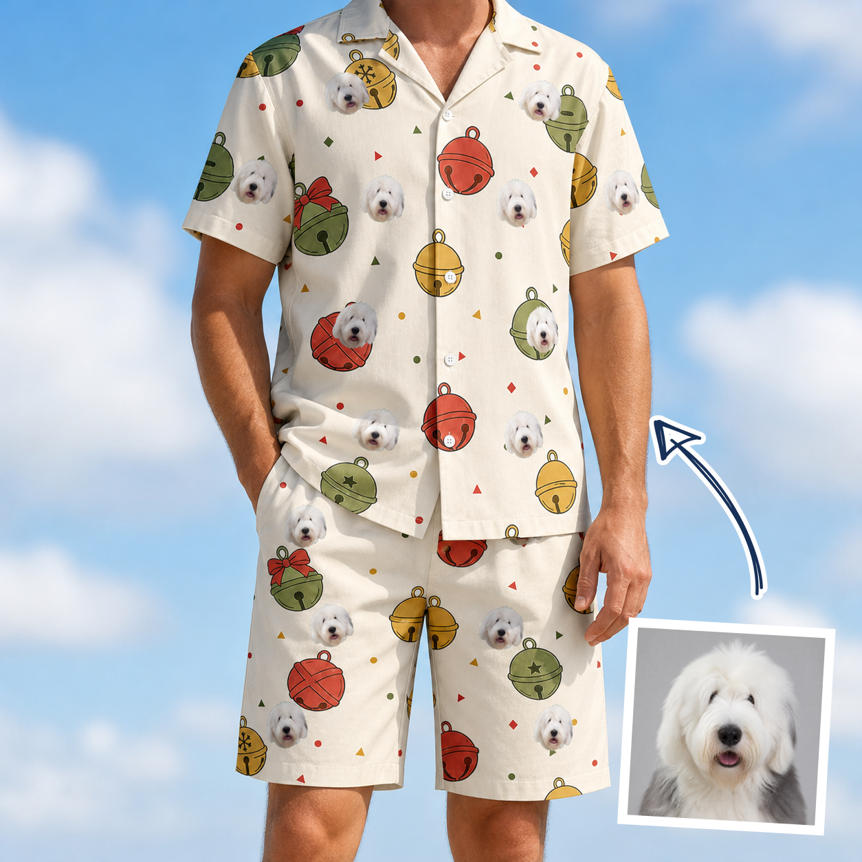 Man wearing Men's Chime Charms Custom Dog Face Shirt & Shorts Set — custom faces printed all-over