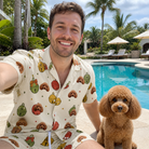 Selfie with the pet whose face is printed all over this Men's Chime Charms Custom Dog Face Shirt & Shorts Set