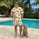 Full-length photo with the pet printed all over this Men's Chime Charms Custom Dog Face Shirt & Shorts Set