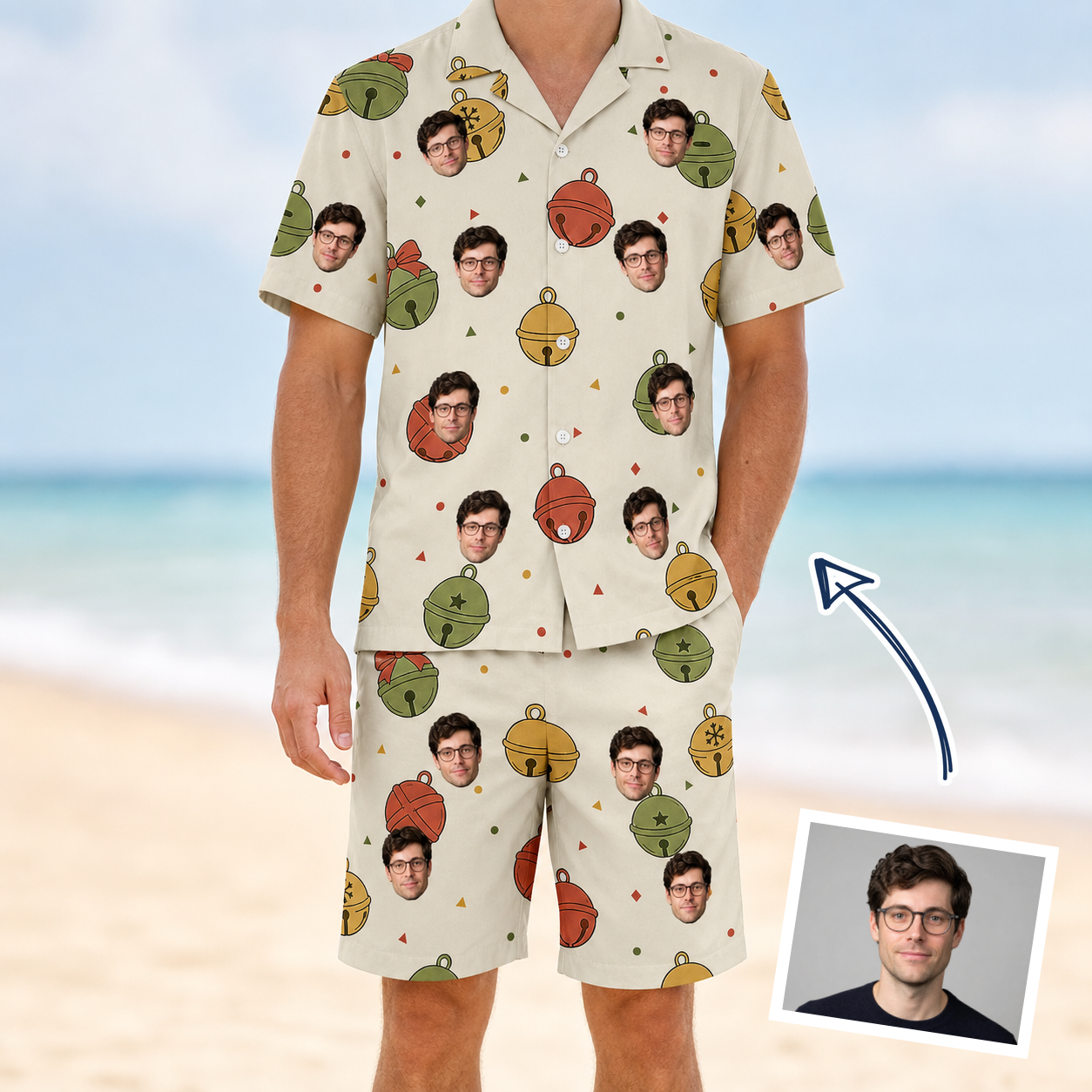 Man wearing Men's Chime Charms Custom Face Shirt & Shorts Set — custom faces printed all-over