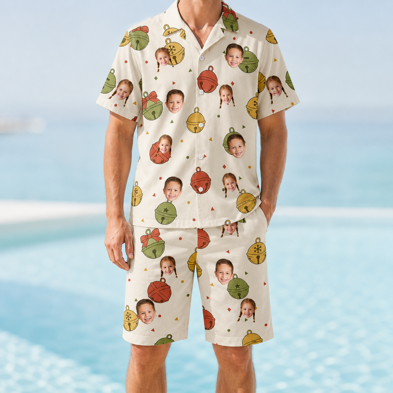 Model wearing Men's Chime Charms Custom Face Shirt & Shorts Set printed with kids' faces