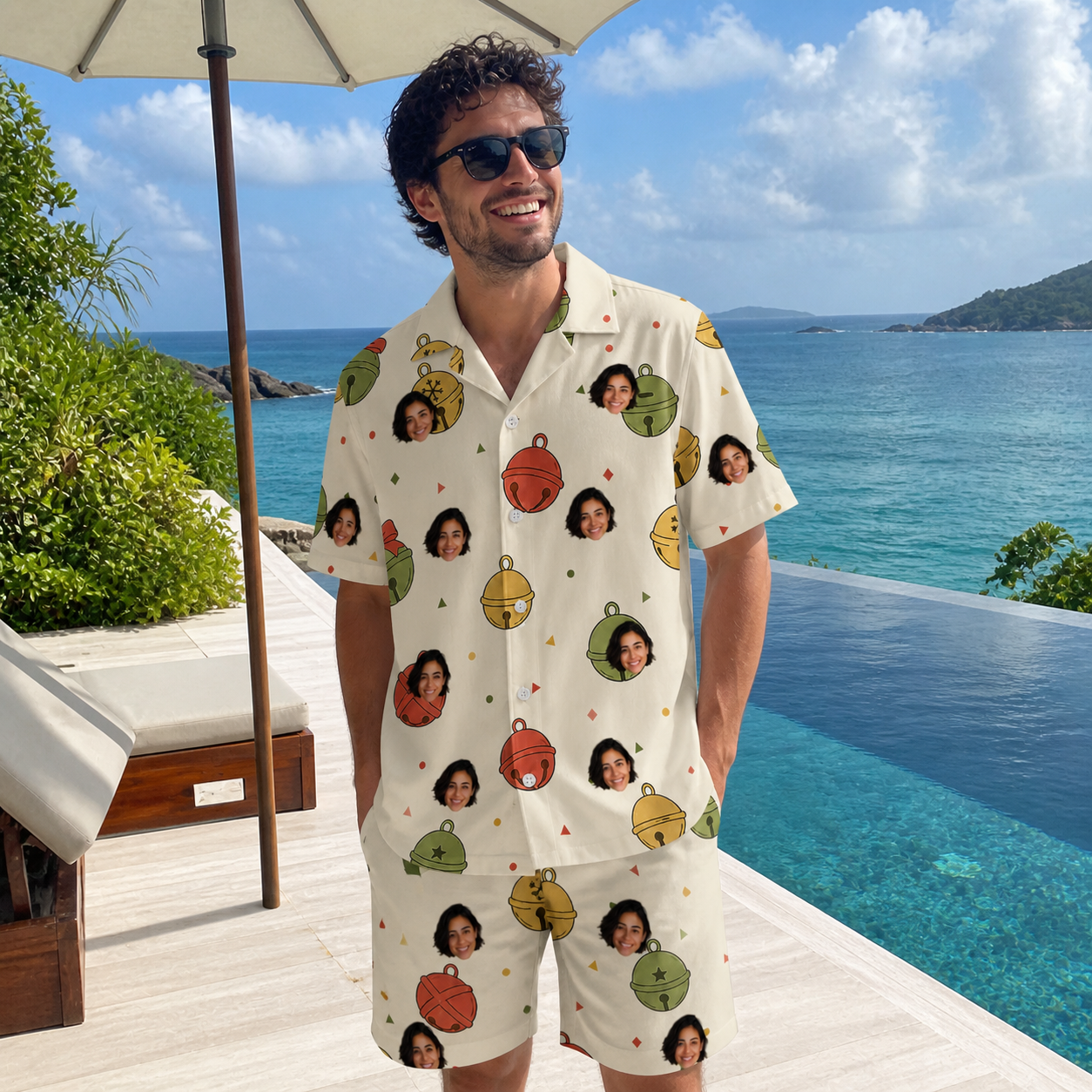 Real-life photo of someone wearing Men's Chime Charms Custom Face Shirt & Shorts Set — custom faces printed all-over