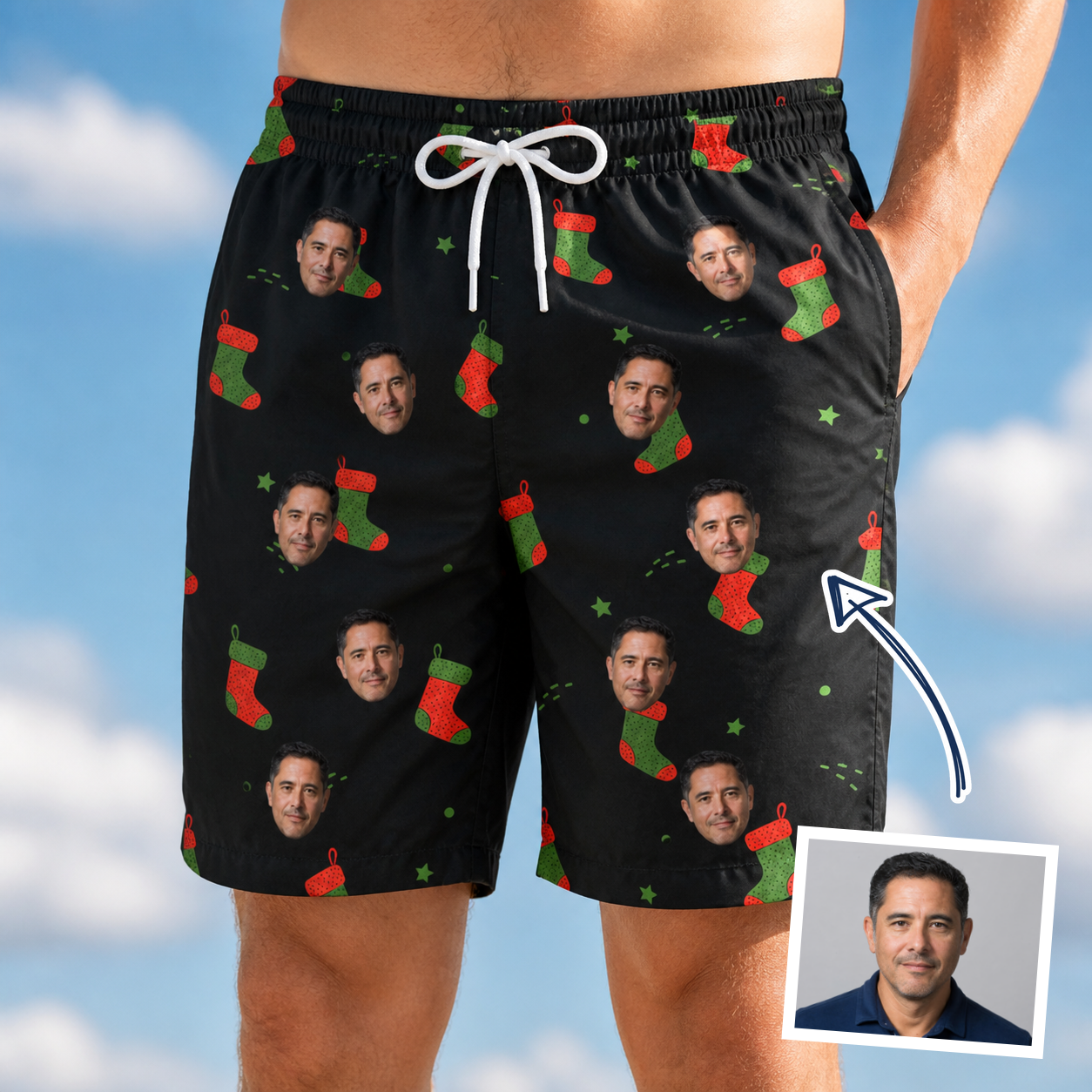 Man wearing Men's Stocking Stuffer Custom Face Beach Shorts — custom faces printed all-over