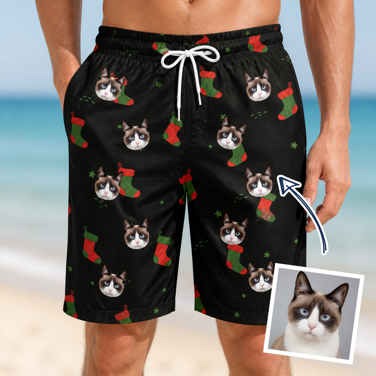 Man wearing Men's Stocking Stuffer Custom Cat Face Beach Shorts — custom faces printed all-over