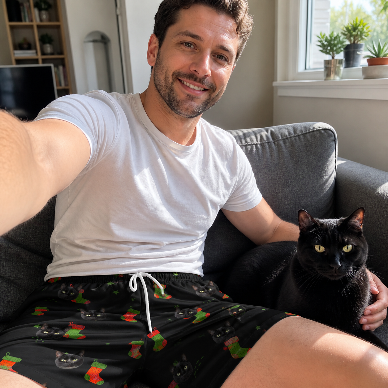 Selfie with the pet whose face is printed all over this Men's Stocking Stuffer Custom Cat Face Beach Shorts