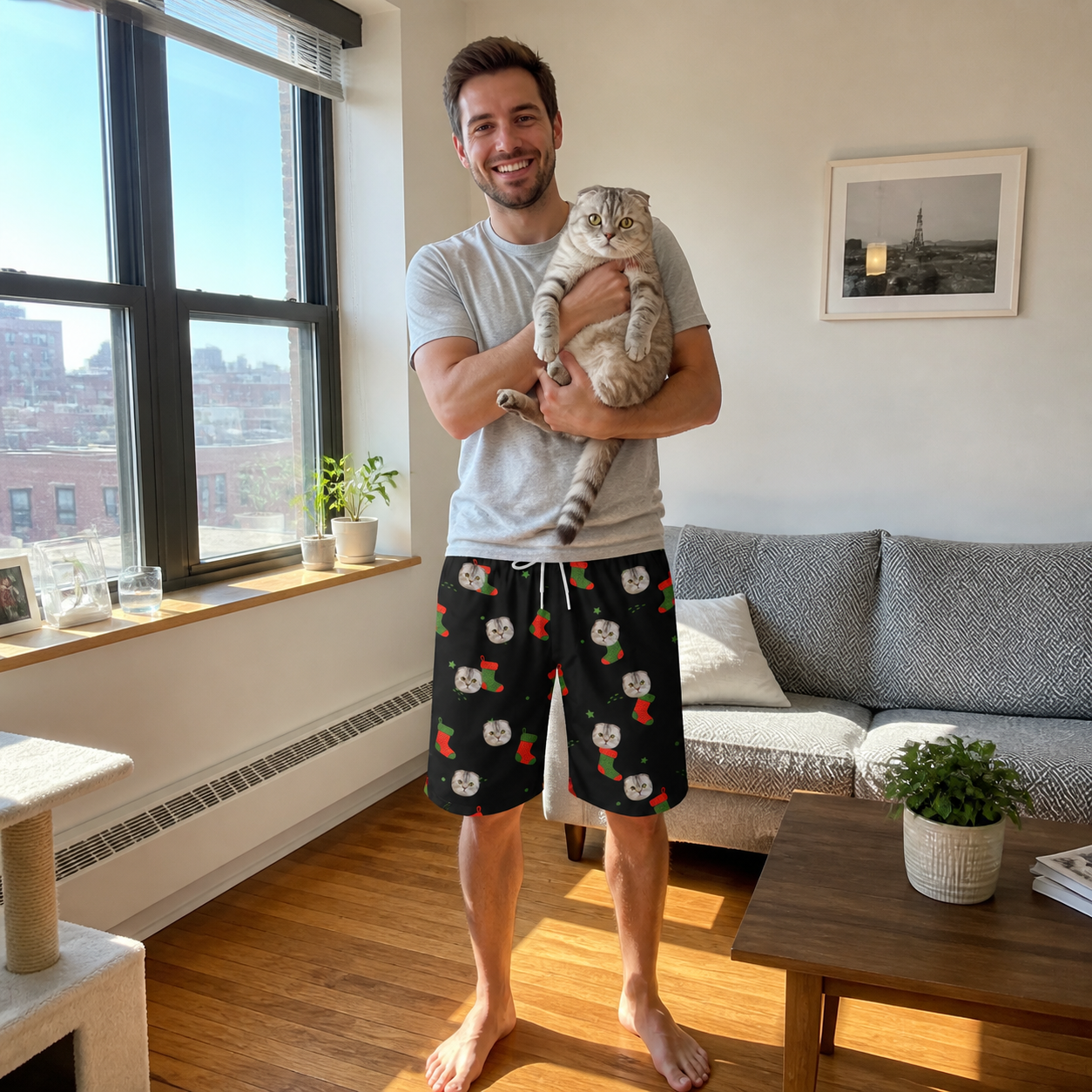 Full-length photo with the pet printed all over this Men's Stocking Stuffer Custom Cat Face Beach Shorts