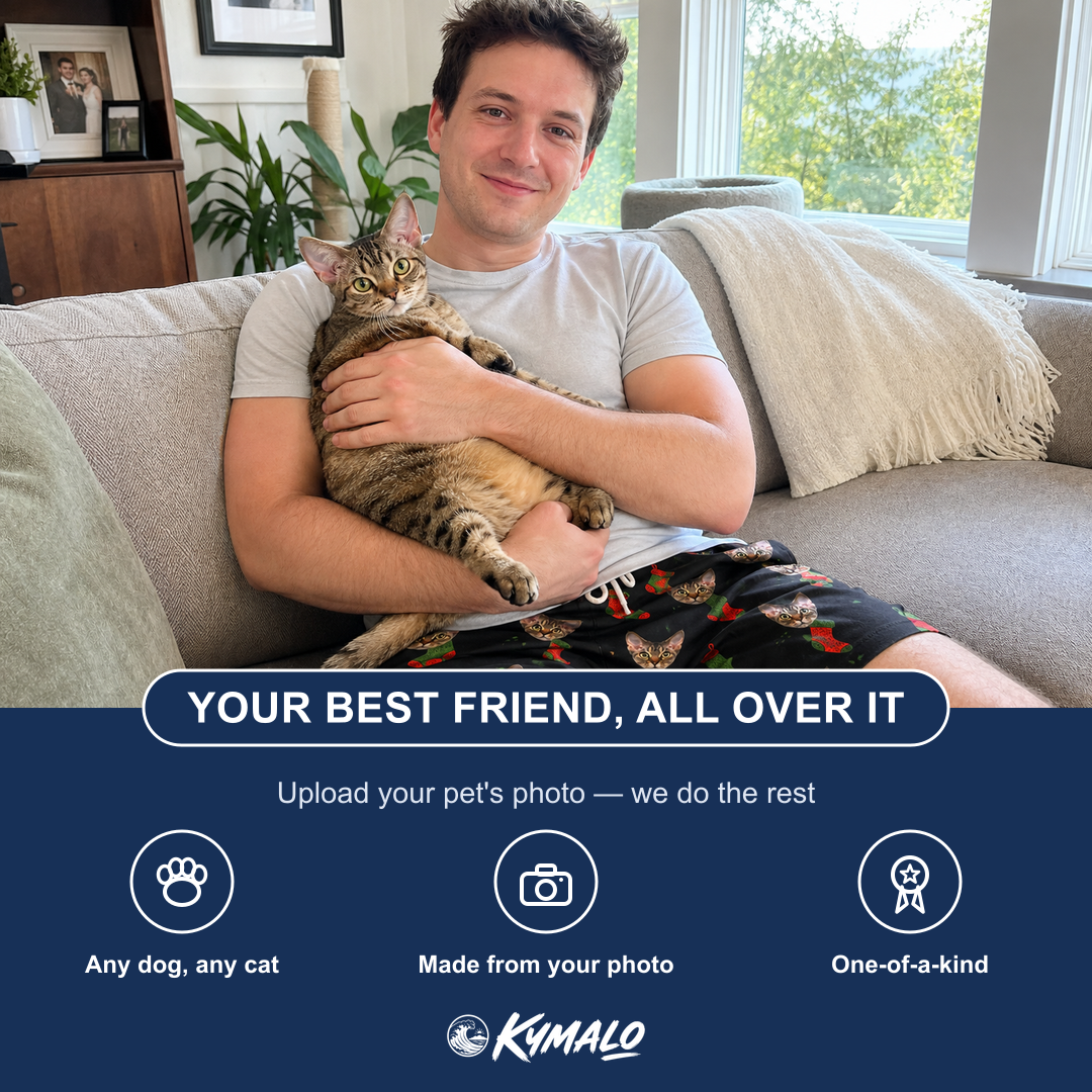 Friends in matching Men's Stocking Stuffer Custom Cat Face Beach Shorts — a group gift photo