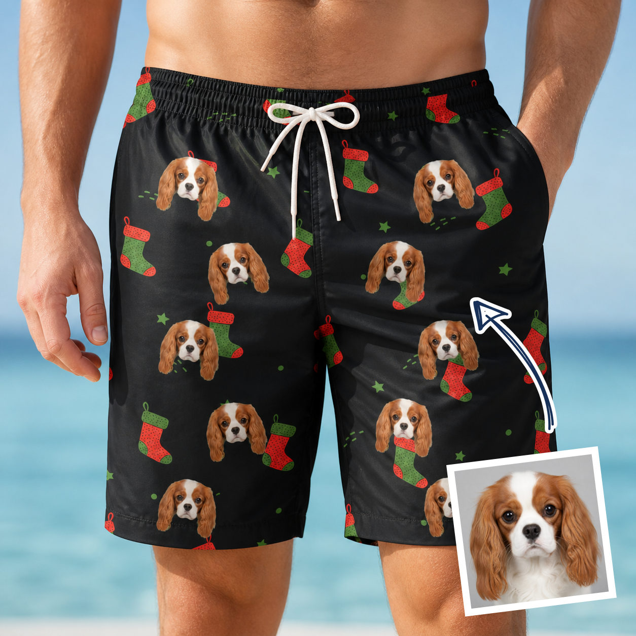 Man wearing Men's Stocking Stuffer Custom Dog Face Beach Shorts — custom faces printed all-over