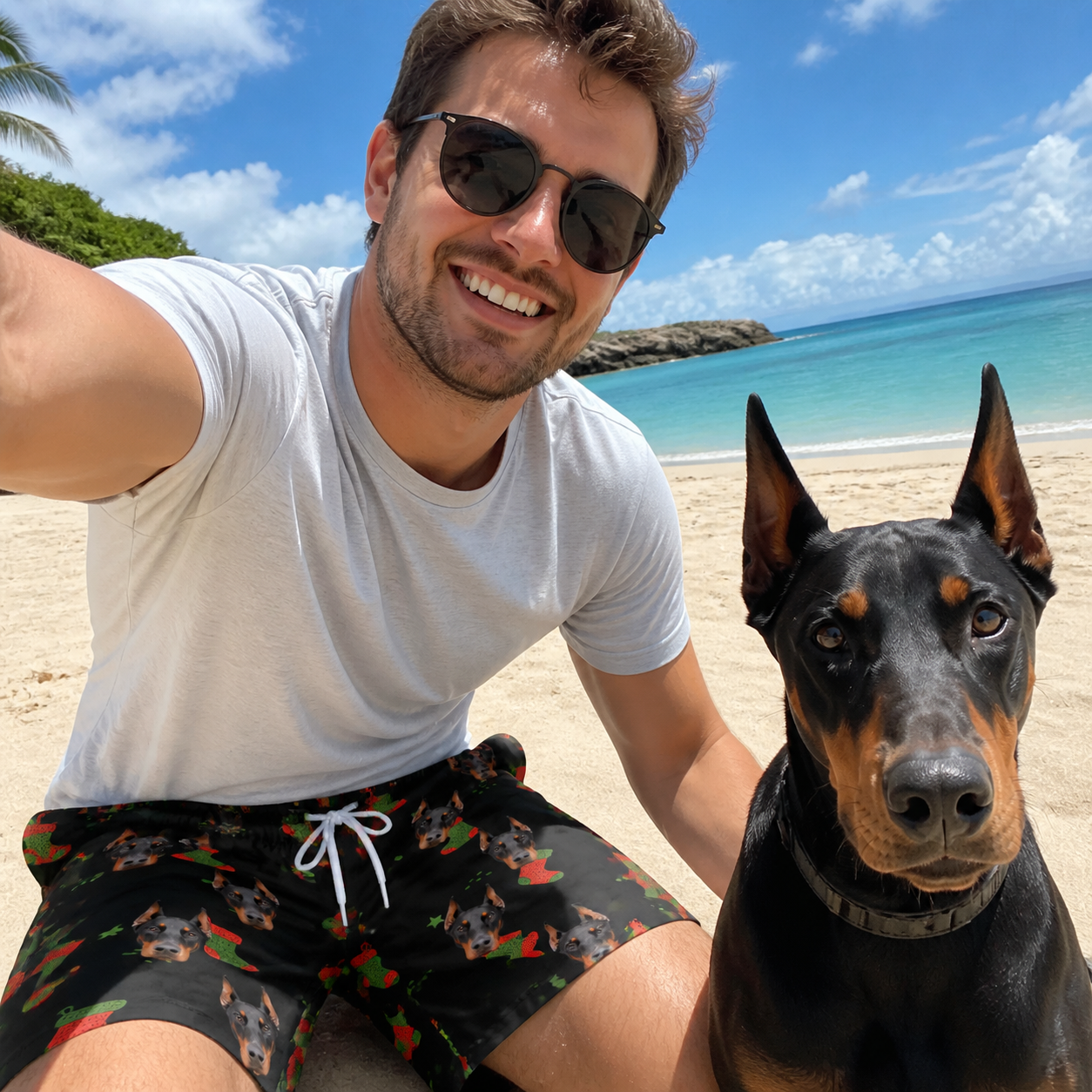 Selfie with the pet whose face is printed all over this Men's Stocking Stuffer Custom Dog Face Beach Shorts