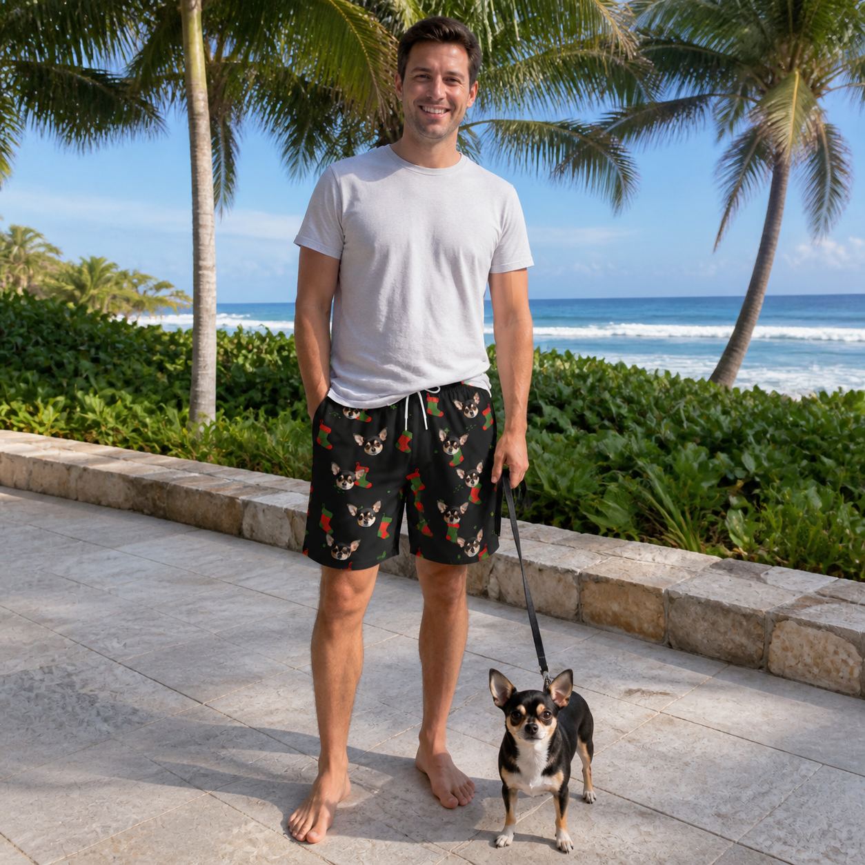 Full-length photo with the pet printed all over this Men's Stocking Stuffer Custom Dog Face Beach Shorts