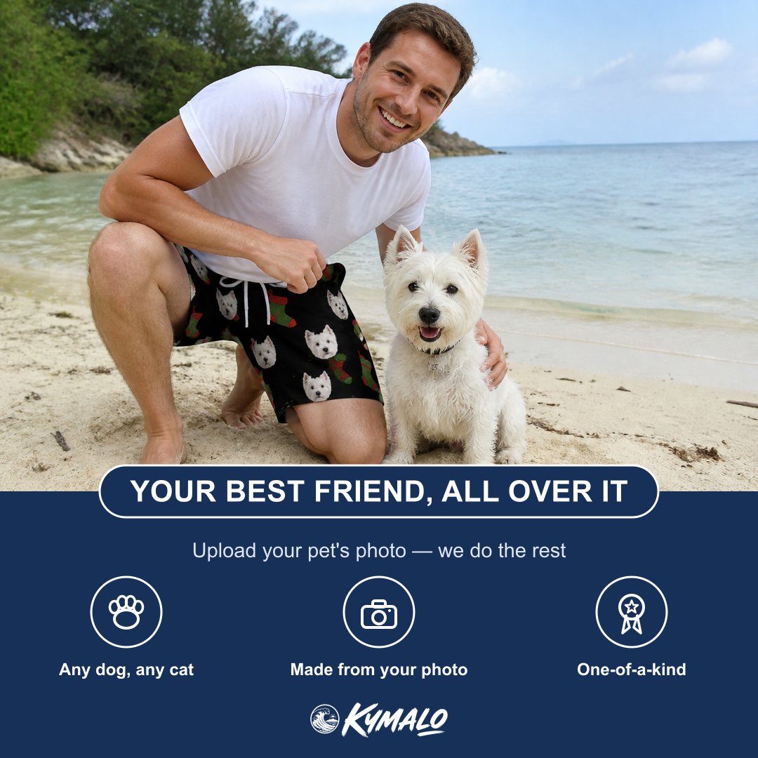 Friends in matching Men's Stocking Stuffer Custom Dog Face Beach Shorts — a group gift photo