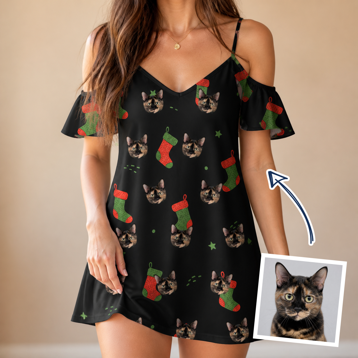 Woman wearing Women's Stocking Stuffer Custom Cat Face Off-Shoulder Dress — custom faces printed all-over