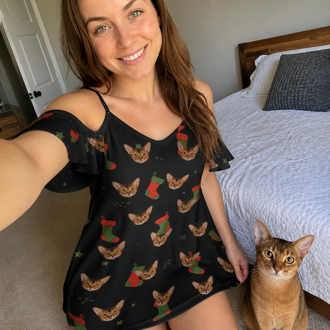 Selfie with the pet whose face is printed all over this Women's Stocking Stuffer Custom Cat Face Off-Shoulder Dress