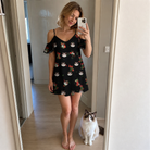 Full-length photo with the pet printed all over this Women's Stocking Stuffer Custom Cat Face Off-Shoulder Dress