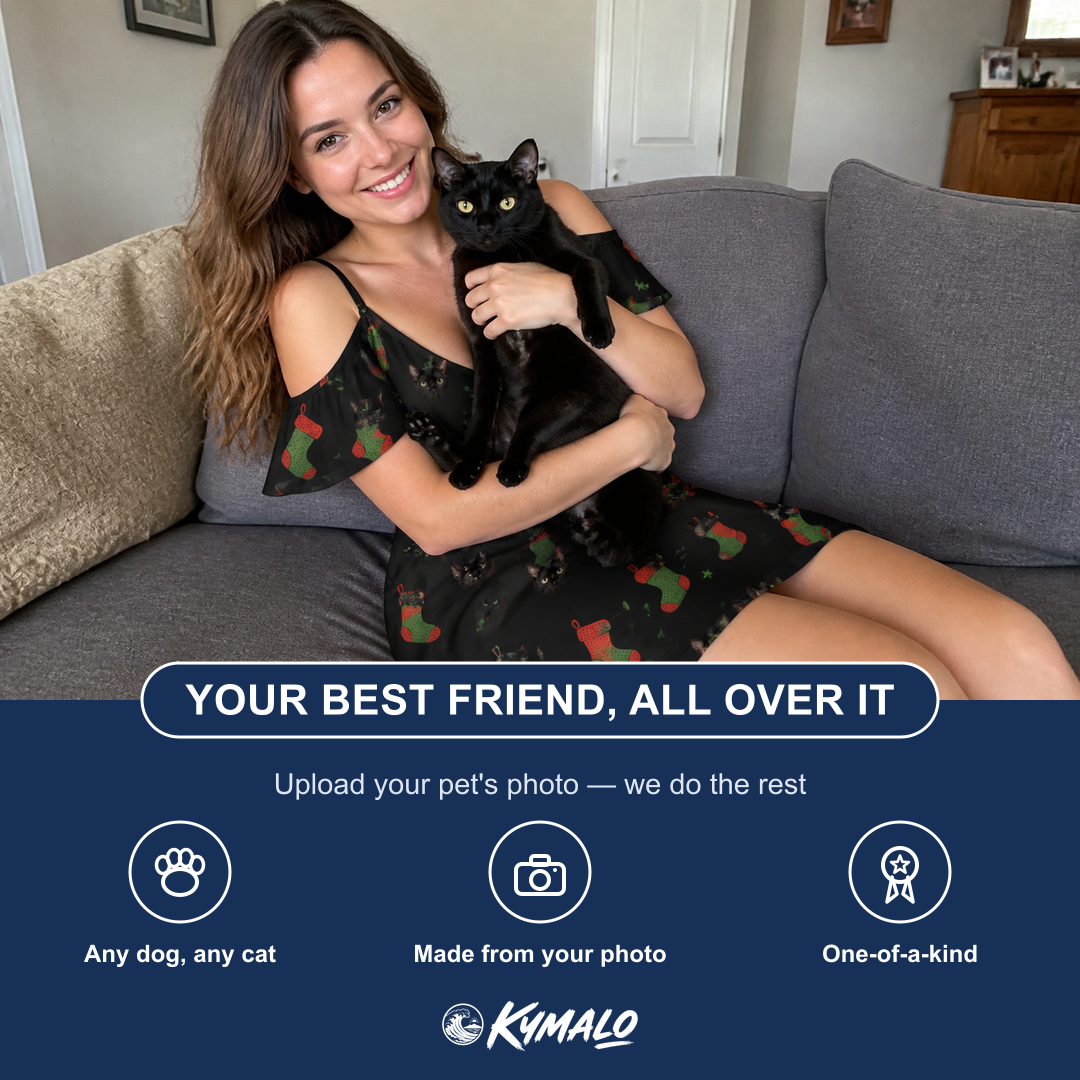 Friends in matching Women's Stocking Stuffer Custom Cat Face Off-Shoulder Dress — a group gift photo