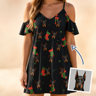 Woman wearing Women's Stocking Stuffer Custom Dog Face Off-Shoulder Dress — custom faces printed all-over