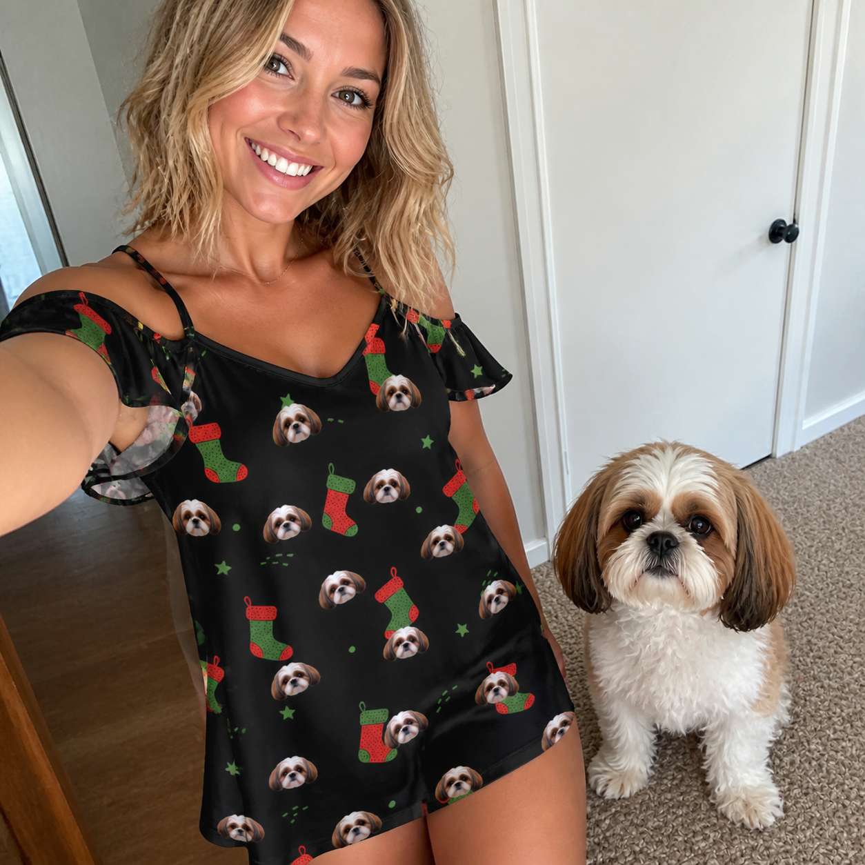 Selfie with the pet whose face is printed all over this Women's Stocking Stuffer Custom Dog Face Off-Shoulder Dress