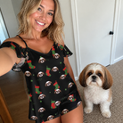 Selfie with the pet whose face is printed all over this Women's Stocking Stuffer Custom Dog Face Off-Shoulder Dress