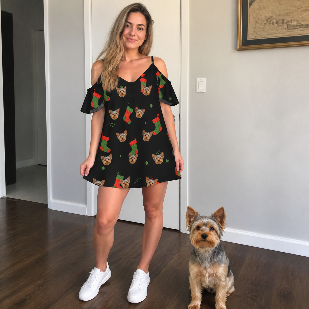 Full-length photo with the pet printed all over this Women's Stocking Stuffer Custom Dog Face Off-Shoulder Dress
