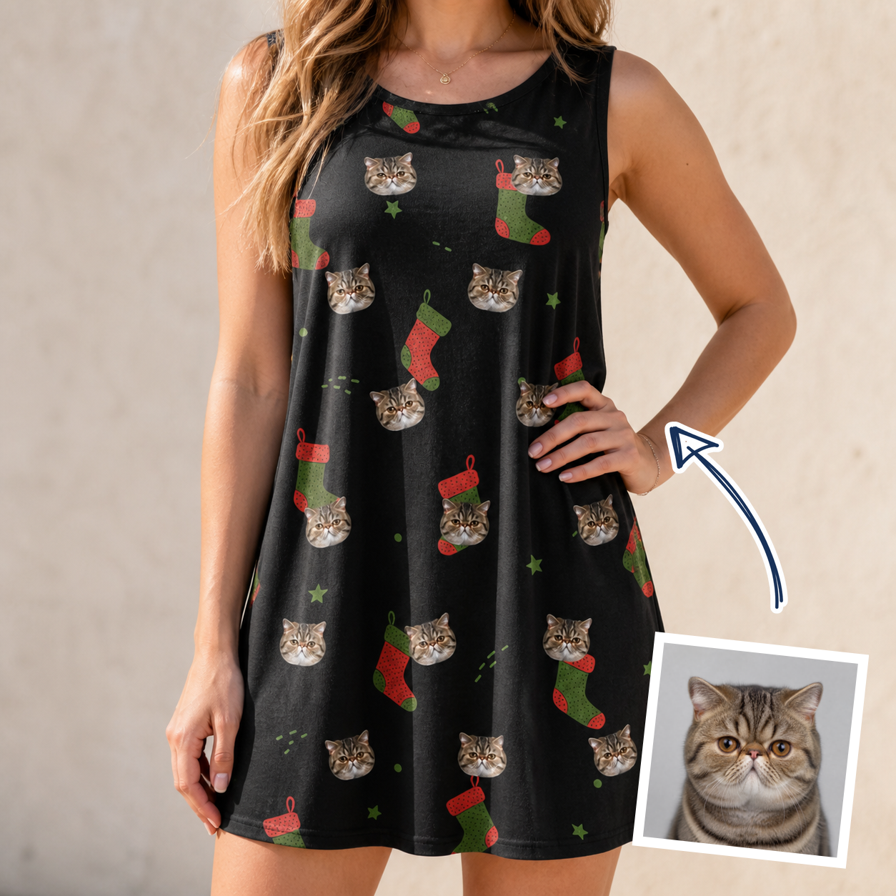 Woman wearing Women's Stocking Stuffer Custom Cat Face Tank Dress — custom faces printed all-over