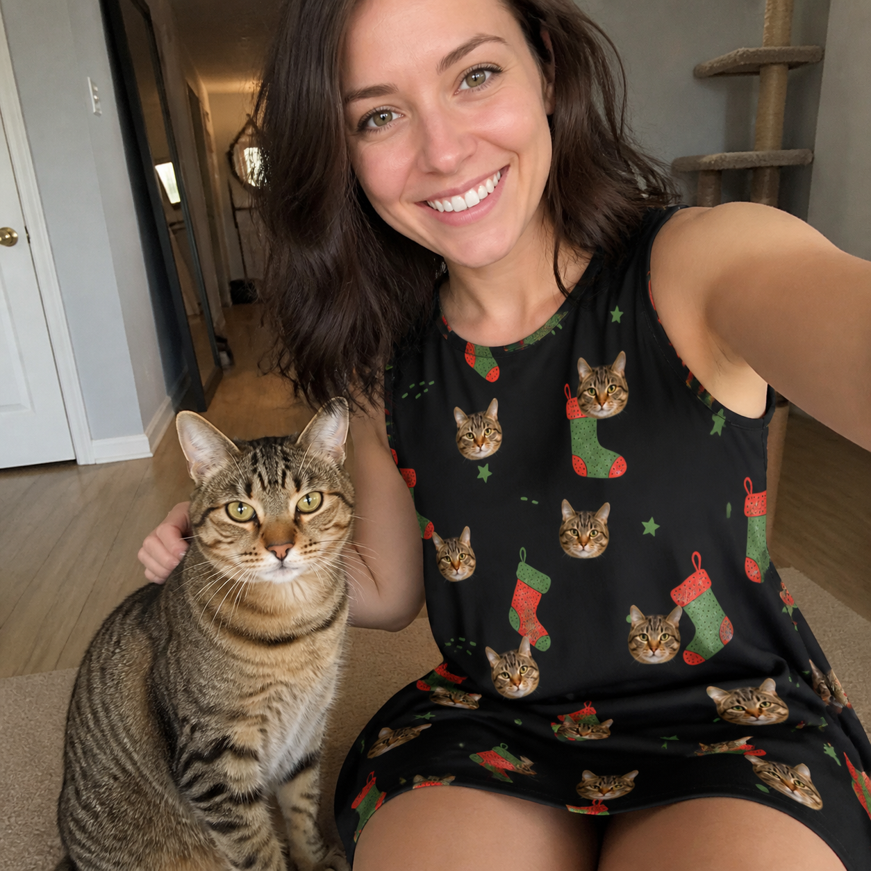 Selfie with the pet whose face is printed all over this Women's Stocking Stuffer Custom Cat Face Tank Dress