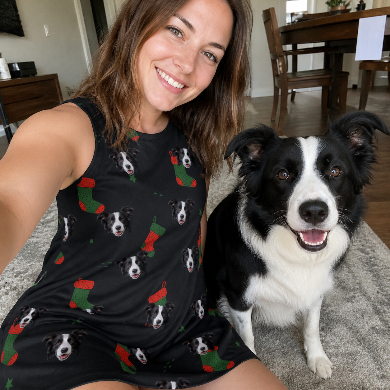 Selfie with the pet whose face is printed all over this Women's Stocking Stuffer Custom Dog Face Tank Dress