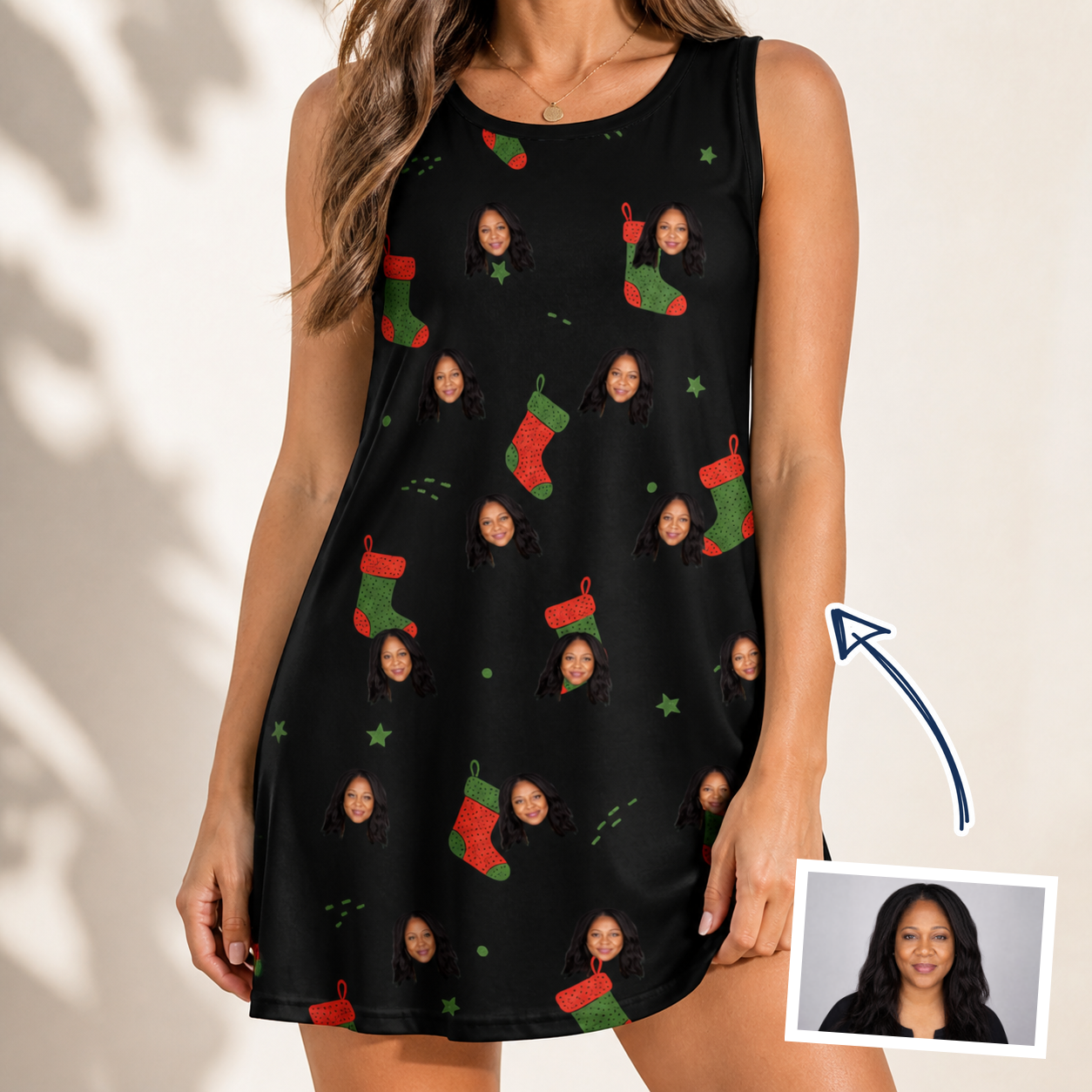 Woman wearing Women's Stocking Stuffer Custom Face Tank Dress — custom faces printed all-over