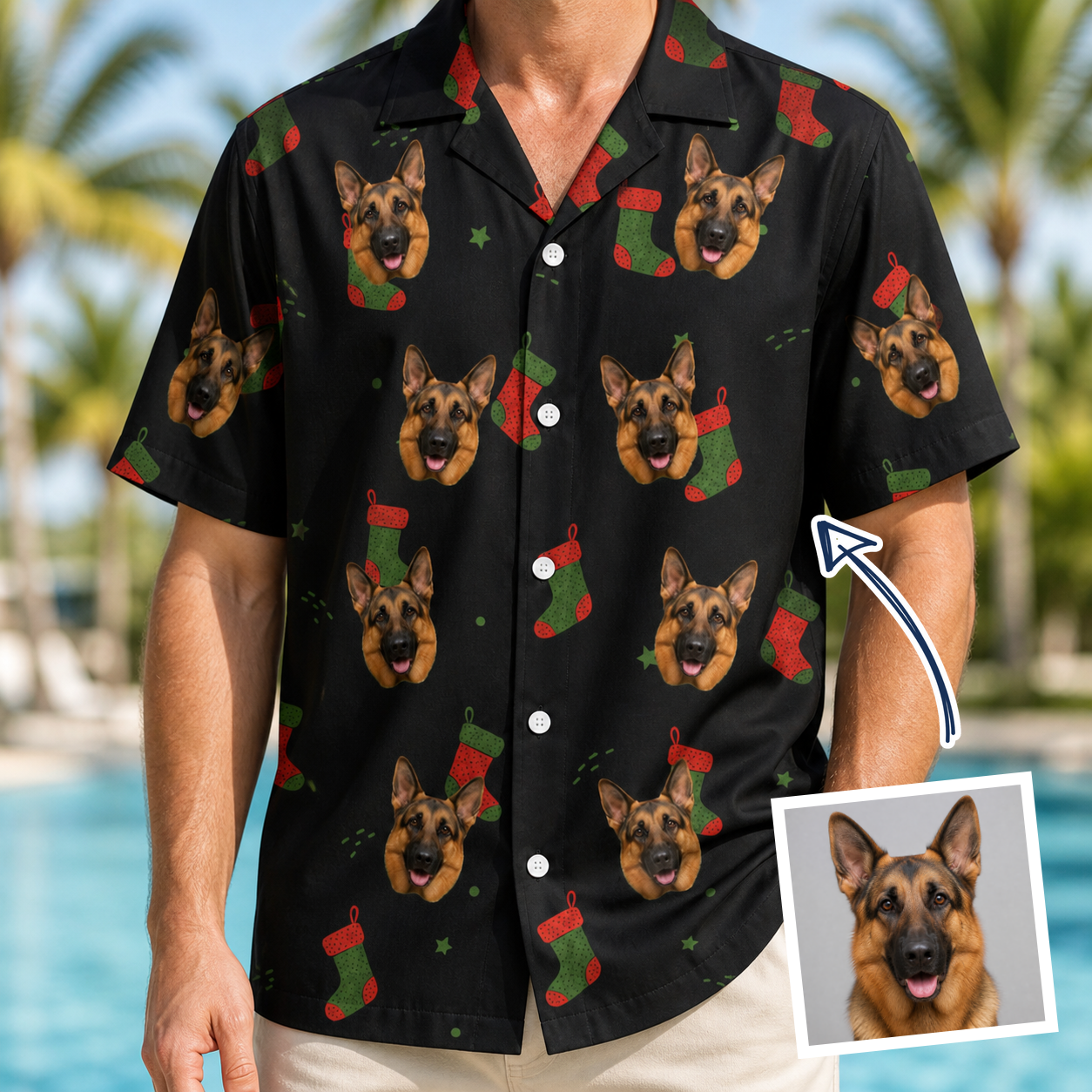 Man wearing Men's Stocking Stuffer Custom Dog Face Hawaiian Shirt — custom faces printed all-over