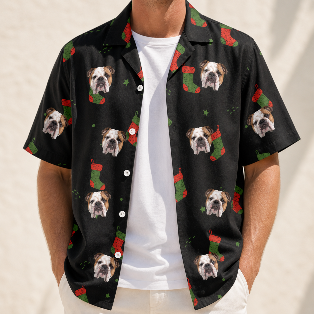 Man wearing Men's Stocking Stuffer Custom Dog Face Hawaiian Shirt open over a white tee