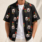 Man wearing Men's Stocking Stuffer Custom Dog Face Hawaiian Shirt open over a white tee