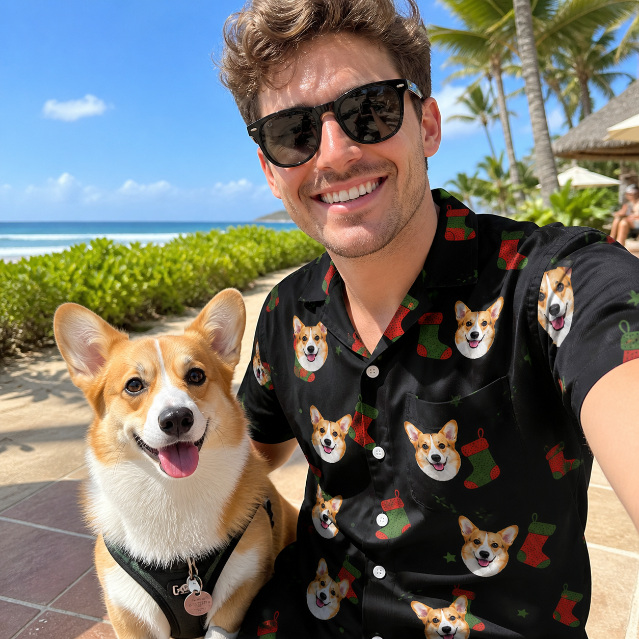 Selfie with the pet whose face is printed all over this Men's Stocking Stuffer Custom Dog Face Hawaiian Shirt