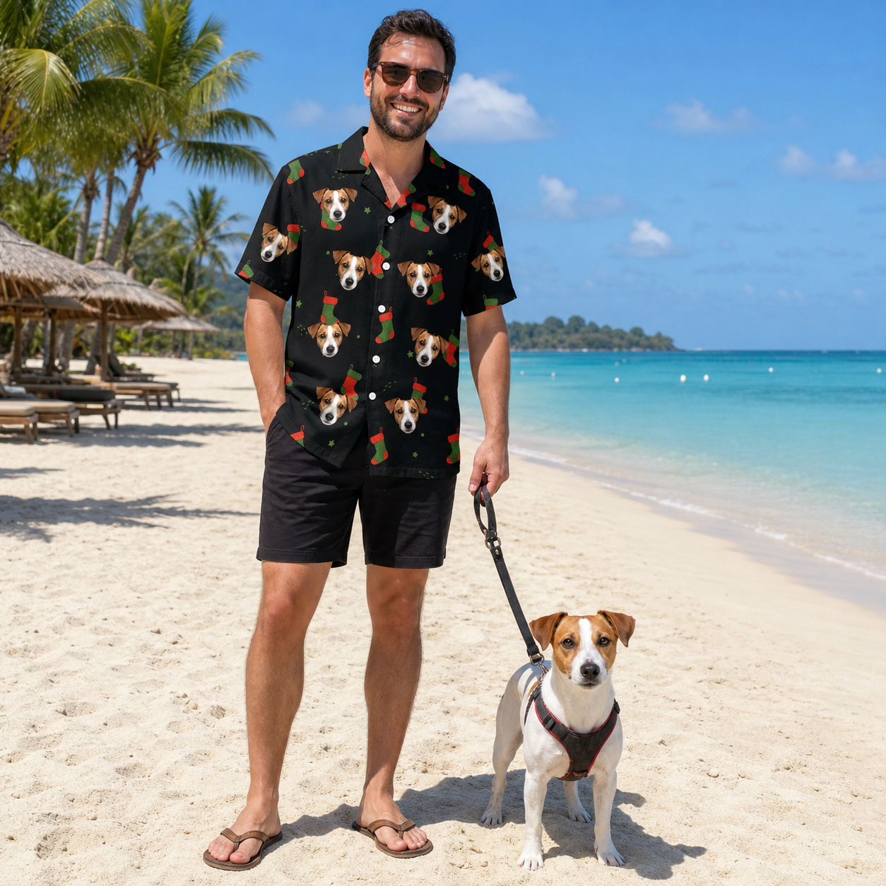 Full-length photo with the pet printed all over this Men's Stocking Stuffer Custom Dog Face Hawaiian Shirt