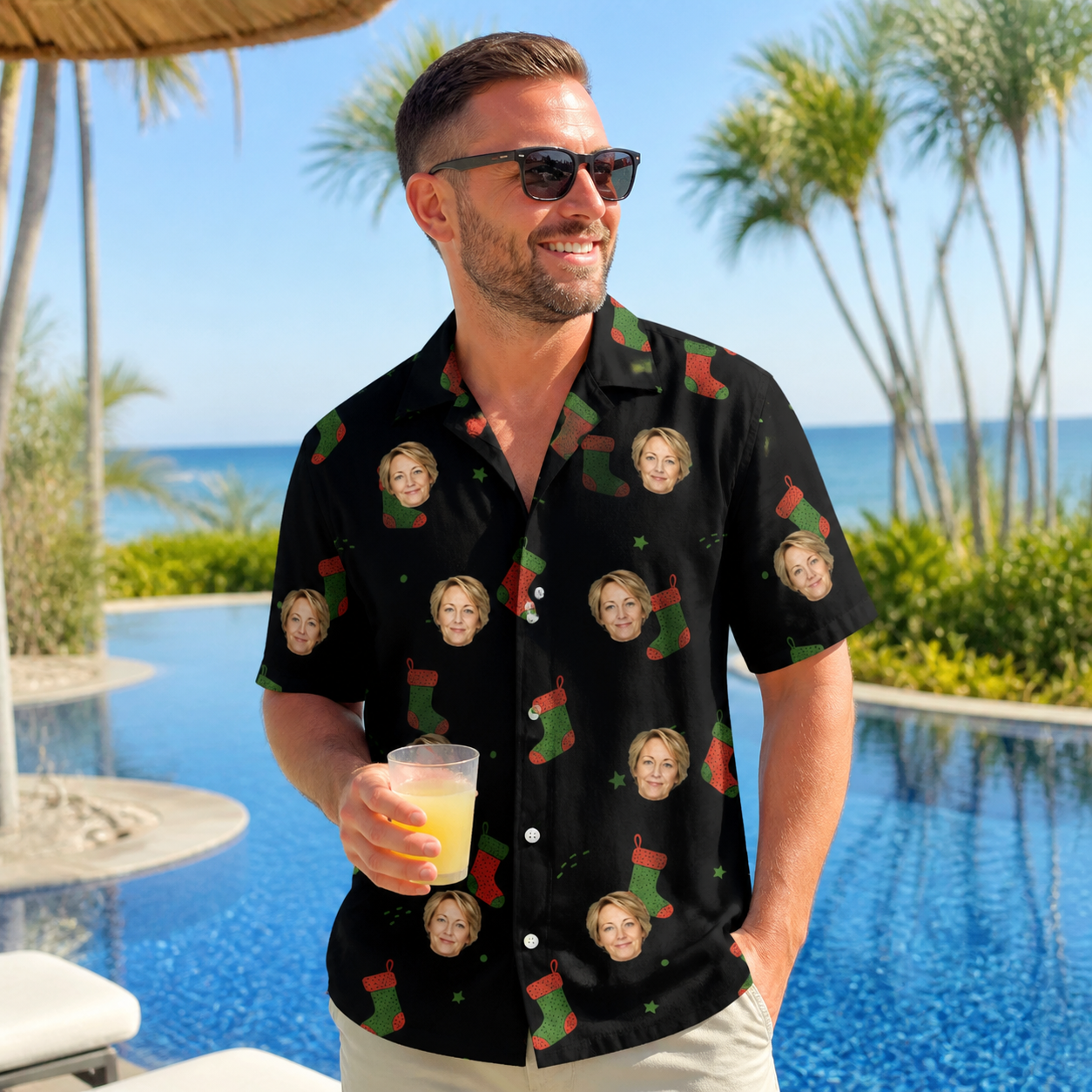 Real-life photo of someone wearing Men's Stocking Stuffer Custom Face Hawaiian Shirt — custom faces printed all-over