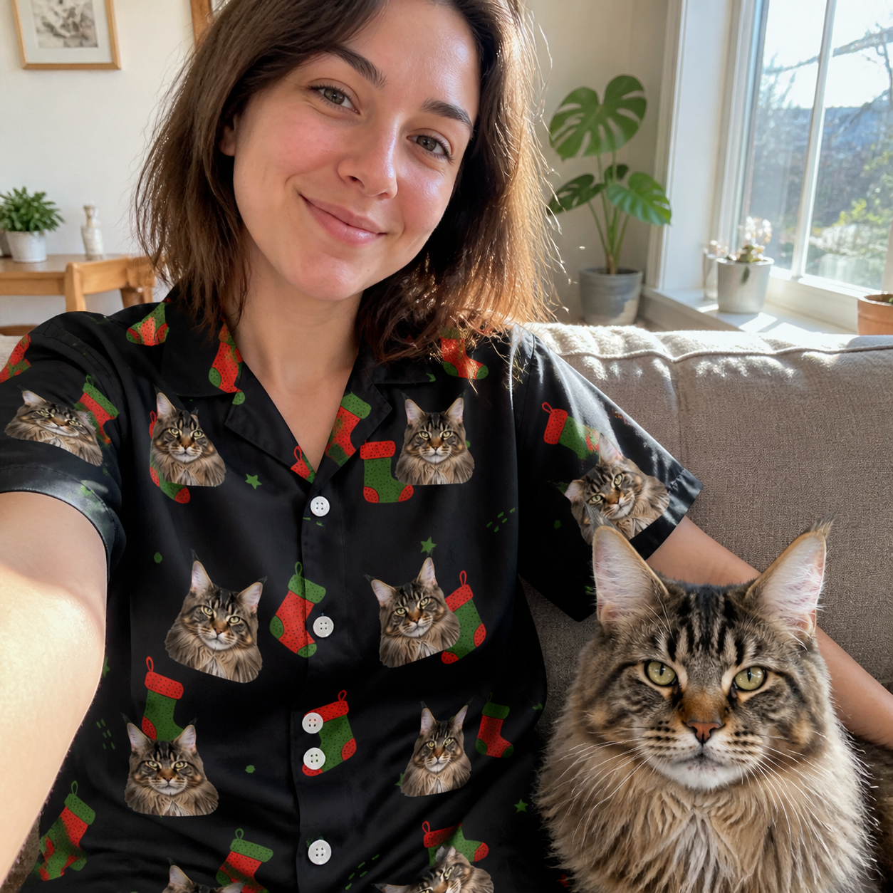 Selfie with the pet whose face is printed all over this Women's Stocking Stuffer Custom Cat Face Hawaiian Shirt