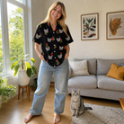 Full-length photo with the pet printed all over this Women's Stocking Stuffer Custom Cat Face Hawaiian Shirt