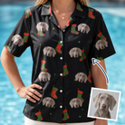 Woman wearing Women's Stocking Stuffer Custom Dog Face Hawaiian Shirt — custom faces printed all-over