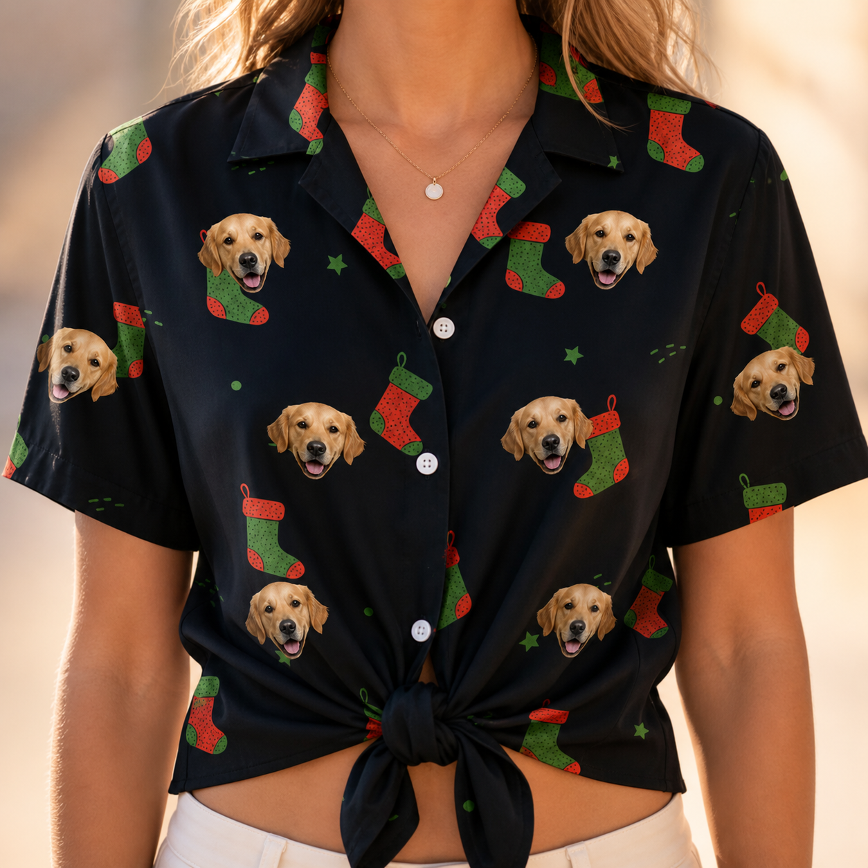 Woman wearing Women's Stocking Stuffer Custom Dog Face Hawaiian Shirt tied at the waist