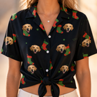 Woman wearing Women's Stocking Stuffer Custom Dog Face Hawaiian Shirt tied at the waist