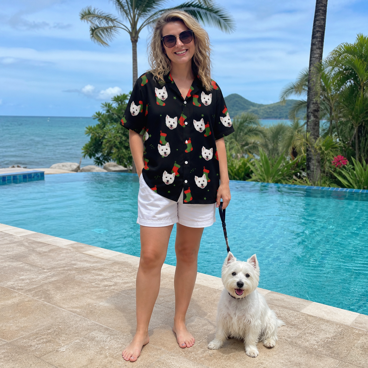 Full-length photo with the pet printed all over this Women's Stocking Stuffer Custom Dog Face Hawaiian Shirt