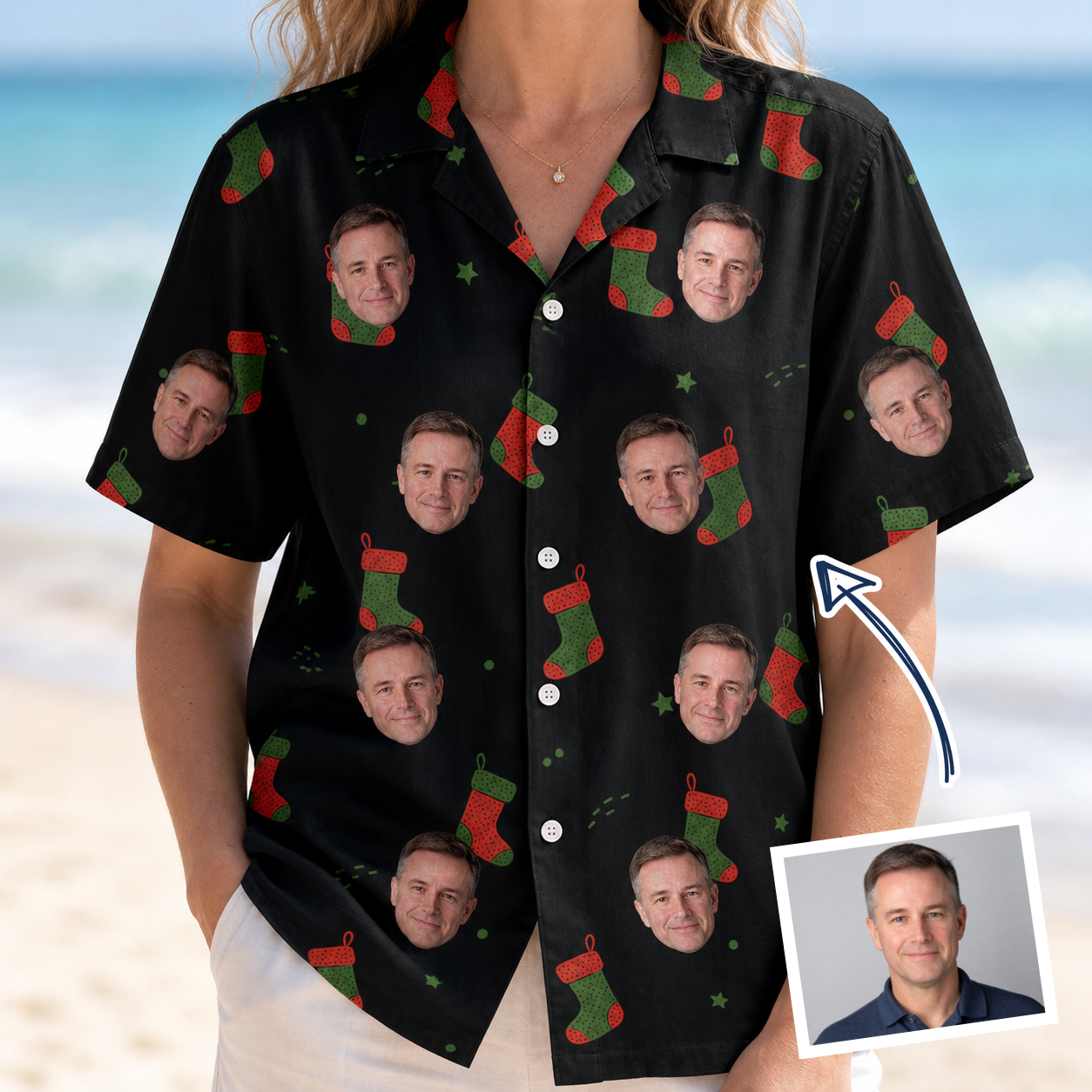 Woman wearing Women's Stocking Stuffer Custom Face Hawaiian Shirt — custom faces printed all-over