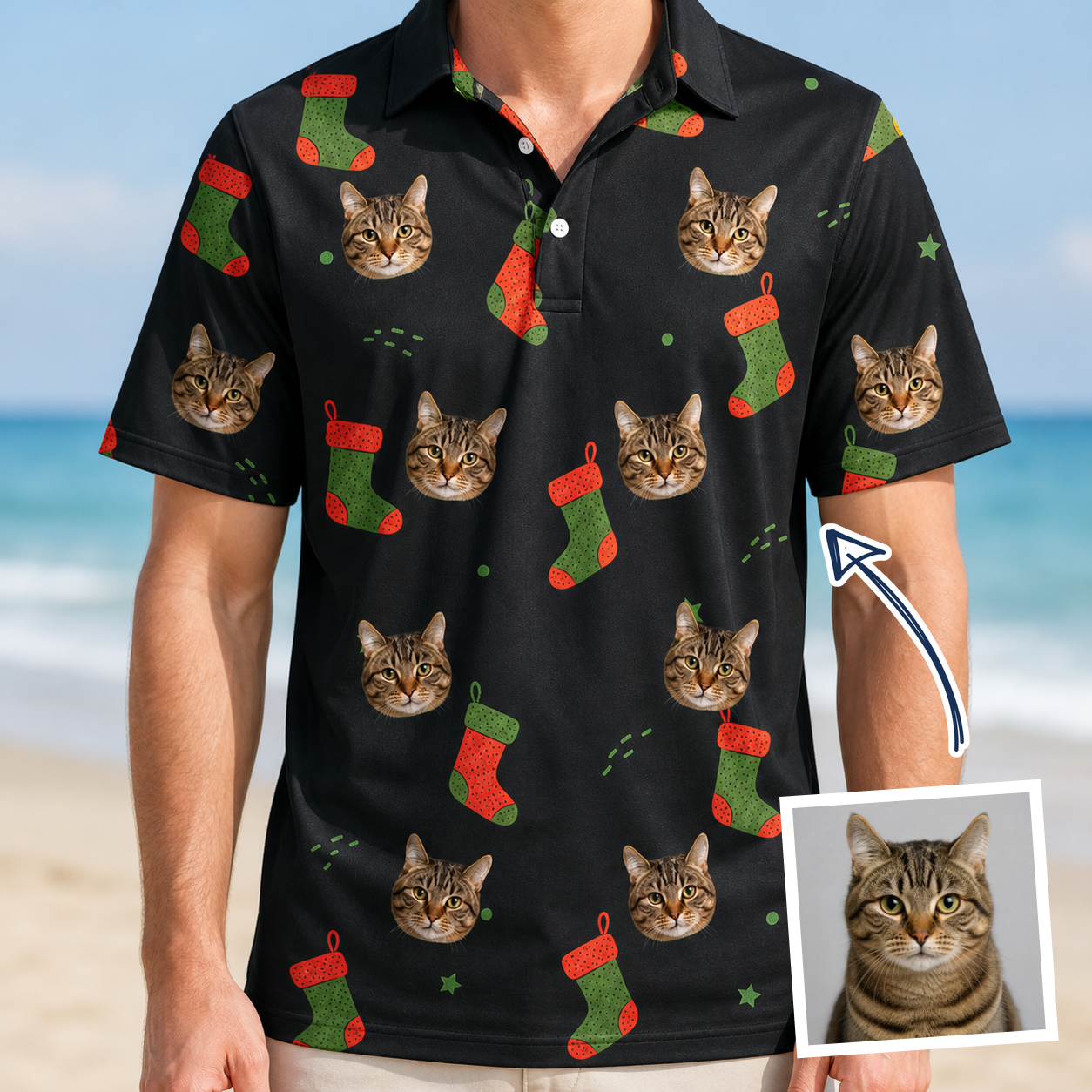Man wearing Men's Stocking Stuffer Custom Cat Face Polo Shirt — custom faces printed all-over