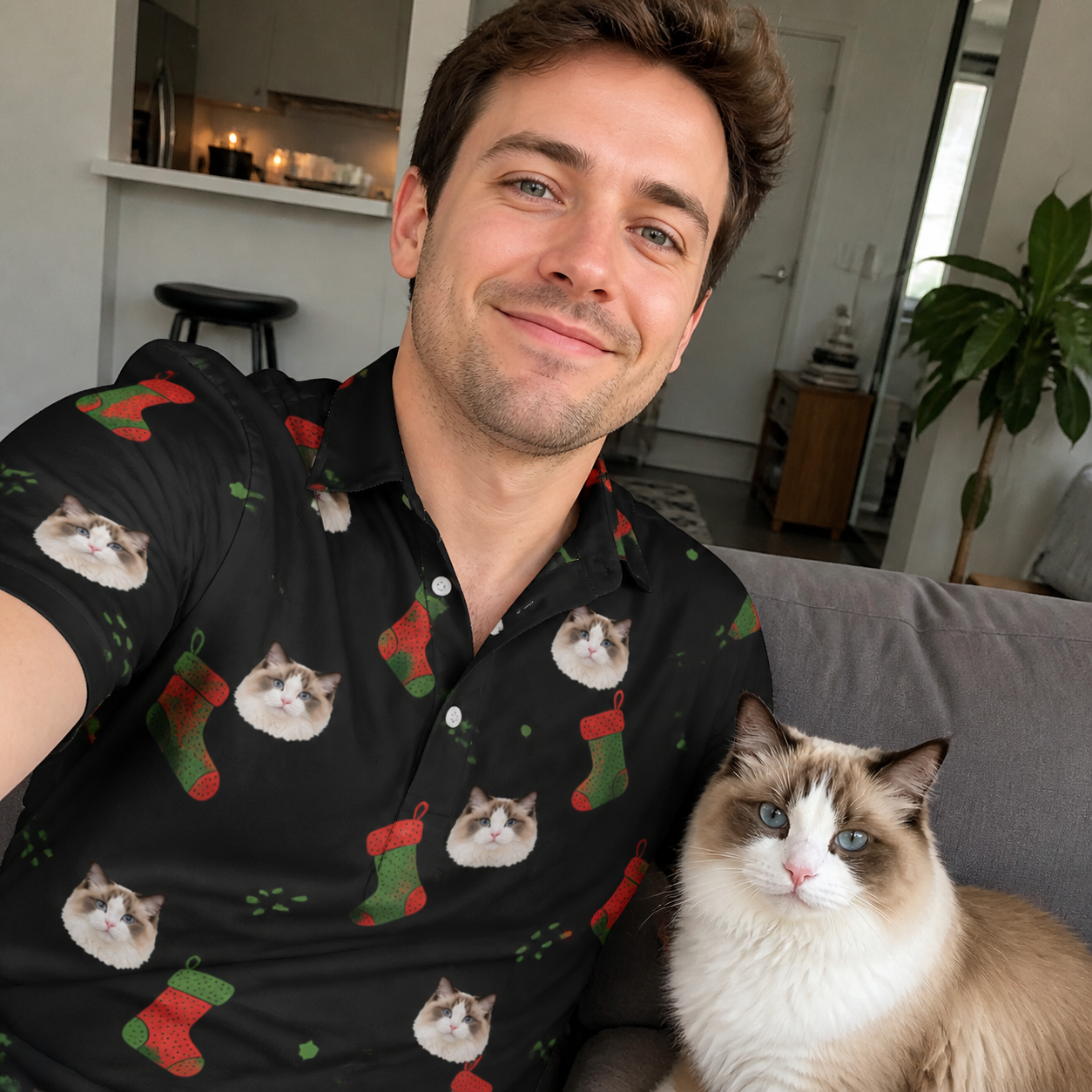 Selfie with the pet whose face is printed all over this Men's Stocking Stuffer Custom Cat Face Polo Shirt