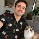 Selfie with the pet whose face is printed all over this Men's Stocking Stuffer Custom Cat Face Polo Shirt