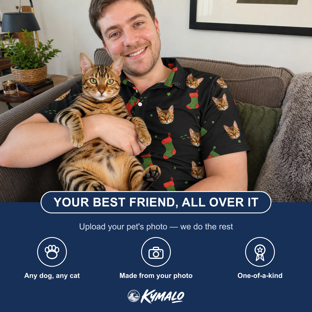 Friends in matching Men's Stocking Stuffer Custom Cat Face Polo Shirt — a group gift photo