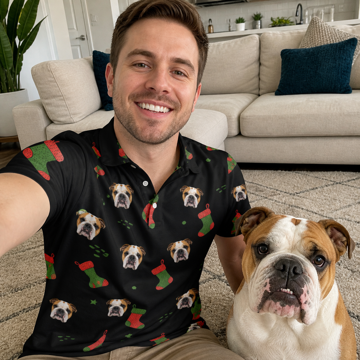 Selfie with the pet whose face is printed all over this Men's Stocking Stuffer Custom Dog Face Polo Shirt
