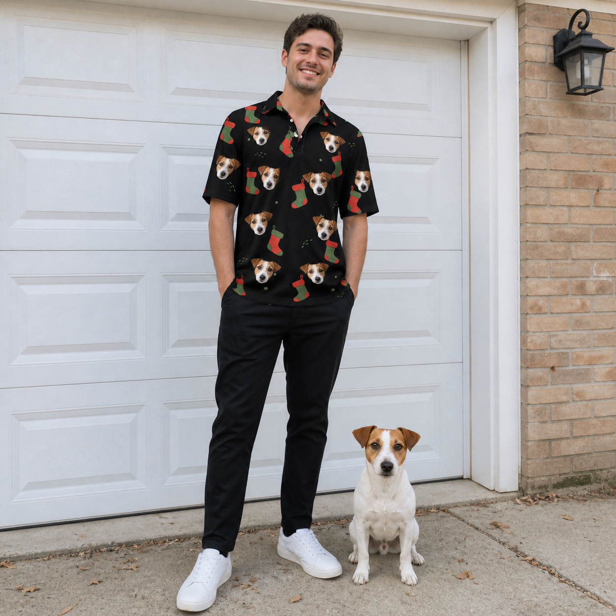 Full-length photo with the pet printed all over this Men's Stocking Stuffer Custom Dog Face Polo Shirt
