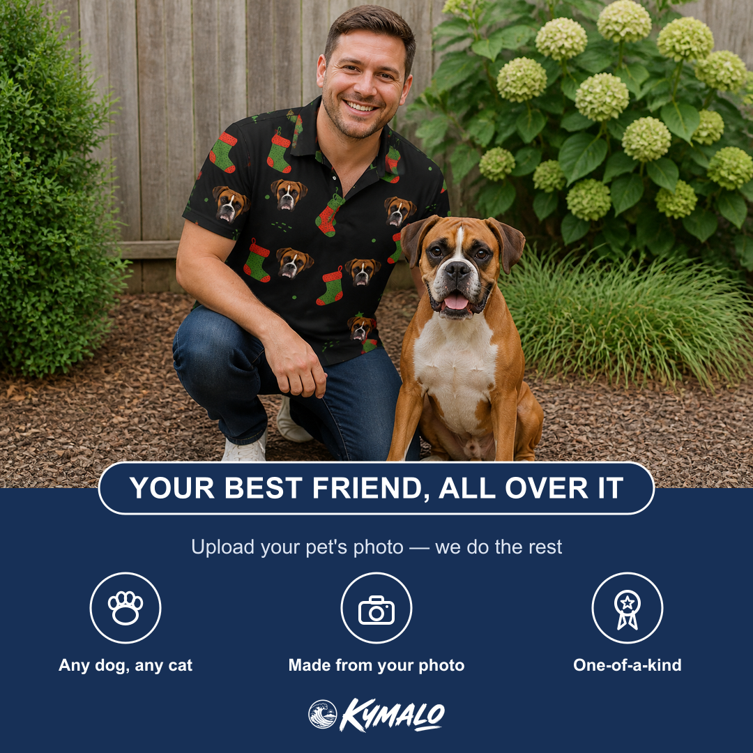 Friends in matching Men's Stocking Stuffer Custom Dog Face Polo Shirt — a group gift photo