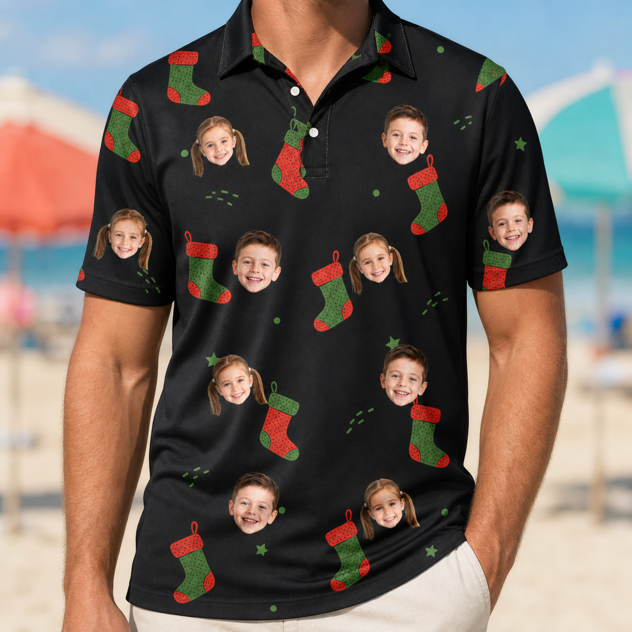 Model wearing Men's Stocking Stuffer Custom Face Polo Shirt printed with kids' faces